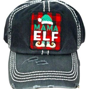 Christmas Distressed Red 'Mama Elf' Baseball Cap Hat Buffalo Plaid Accents NWT
